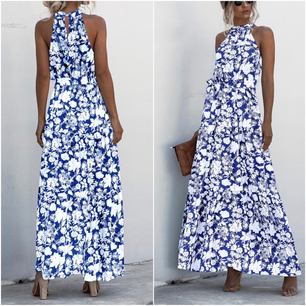 Boho Blue White Floral Print Halter Ruffle Maxi Dress - Picture 9 of 13